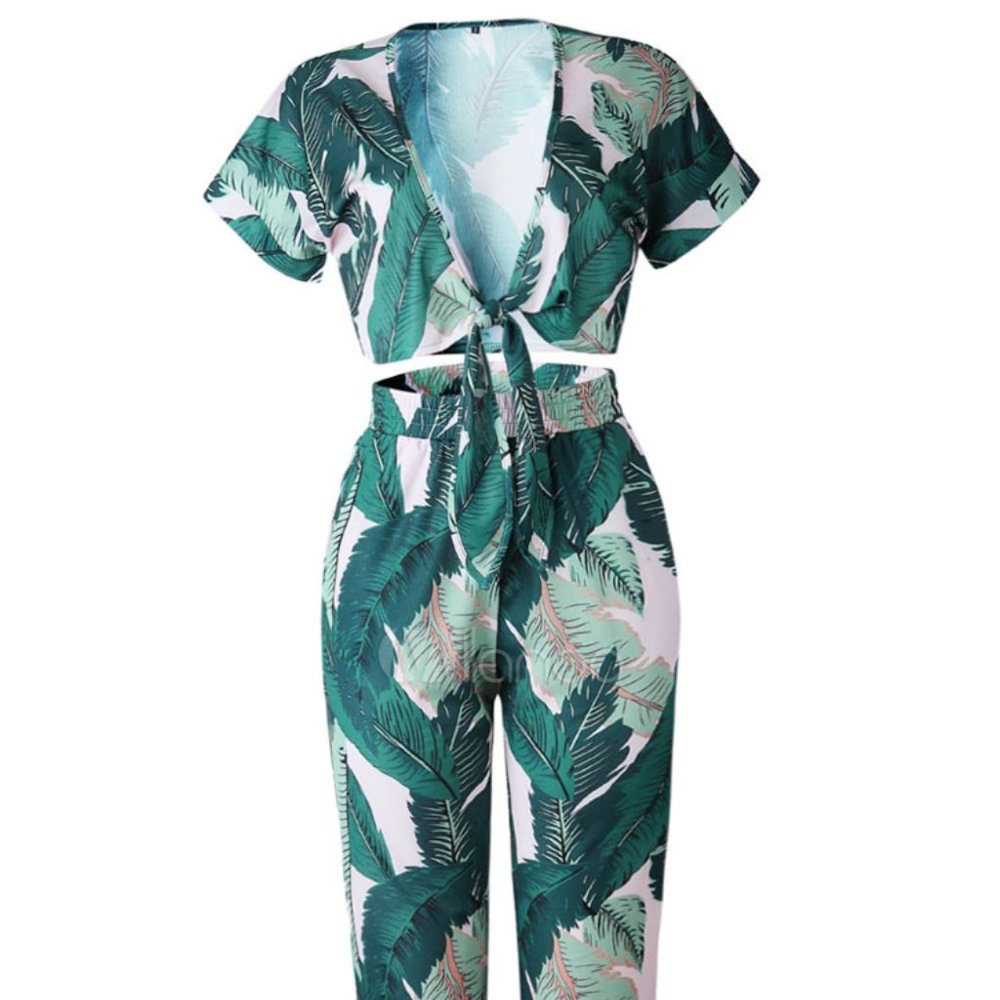 Palm Leaf Tropical Print Tie Front Two Piece Set Small